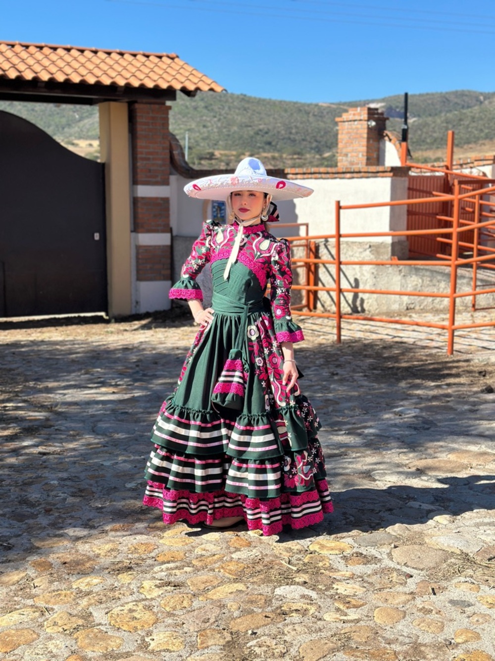 Escaramuza Adelita Green and Pink Women’s Maxi Dress Quinceañera